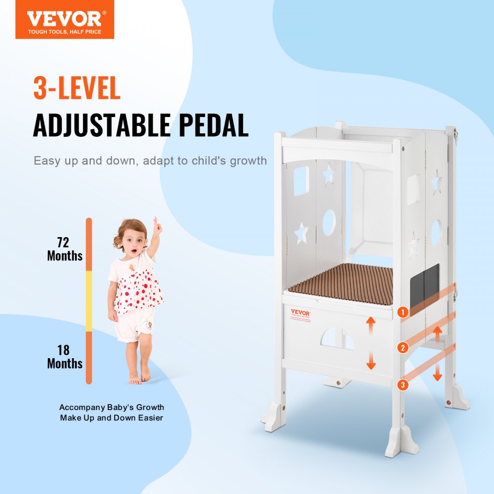 VEVOR Tower Step Stool for Kids and Toddlers, Foldable Toddler Kitchen Stool Helper with 3-Level Adjustable Height & Safety Net, Solid Wood Standing Tower Learning Stool for Bedroom Bathroom, White