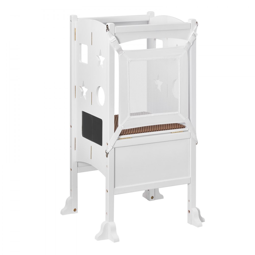 VEVOR Tower Step Stool for Kids and Toddlers, Foldable Toddler Kitchen Stool Helper with 3-Level Adjustable Height & Safety Net, Solid Wood Standing Tower Learning Stool for Bedroom Bathroom, White