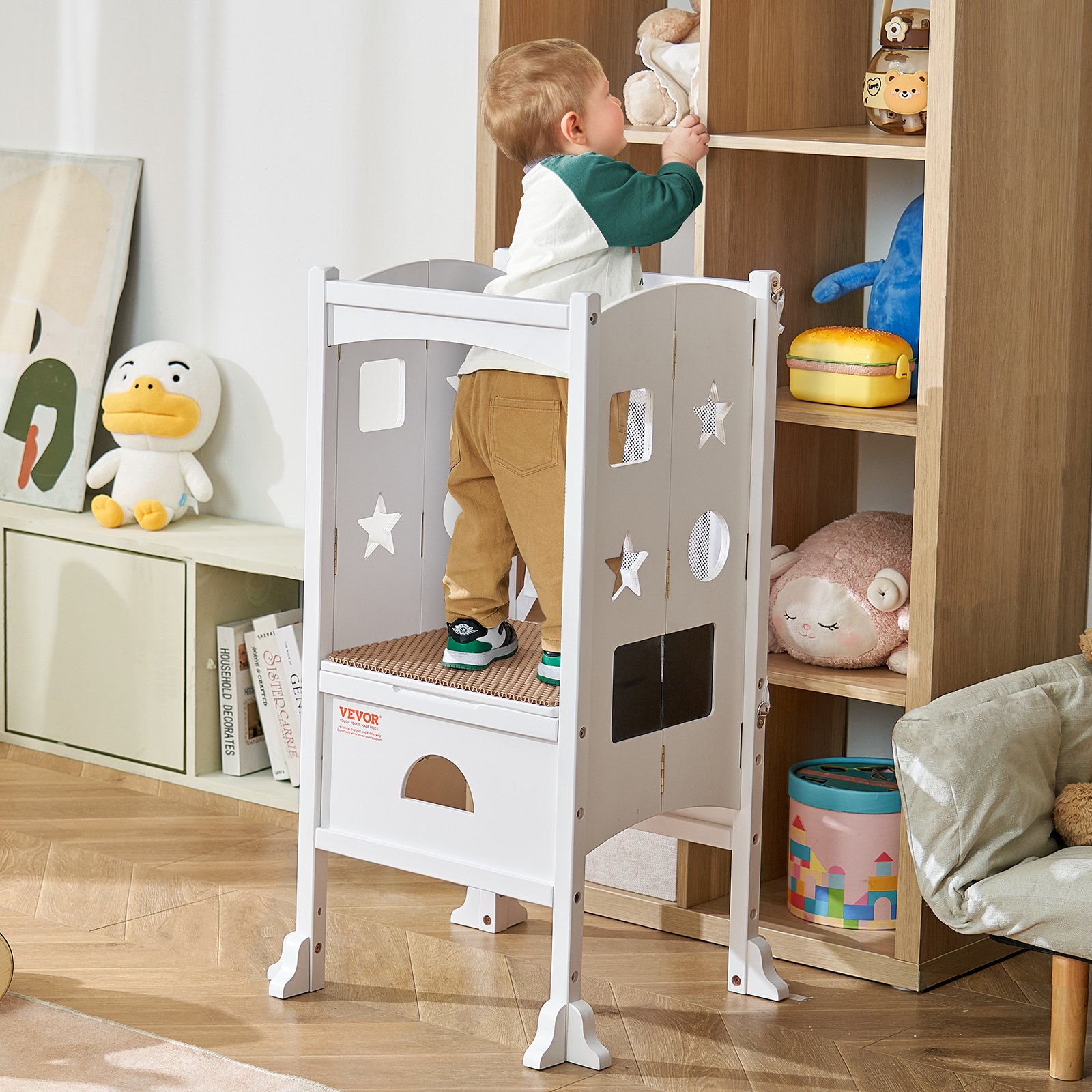 VEVOR Tower Step Stool for Kids and Toddlers, Foldable Toddler Kitchen Stool Helper with 3-Level Adjustable Height & Safety Net, Solid Wood Standing Tower Learning Stool for Bedroom Bathroom, White