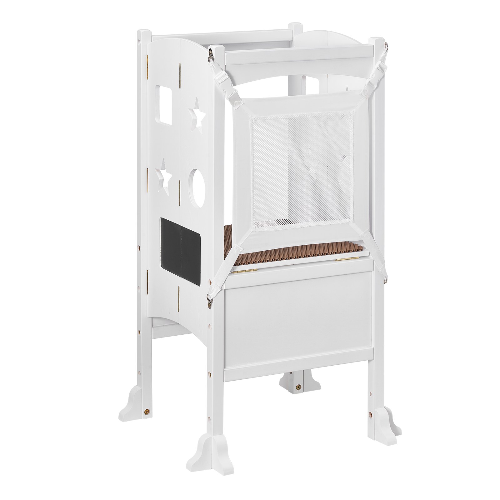 VEVOR Tower Step Stool for Kids and Toddlers, Foldable Toddler Kitchen Stool Helper with 3-Level Adjustable Height & Safety Net, Solid Wood Standing Tower Learning Stool for Bedroom Bathroom, White