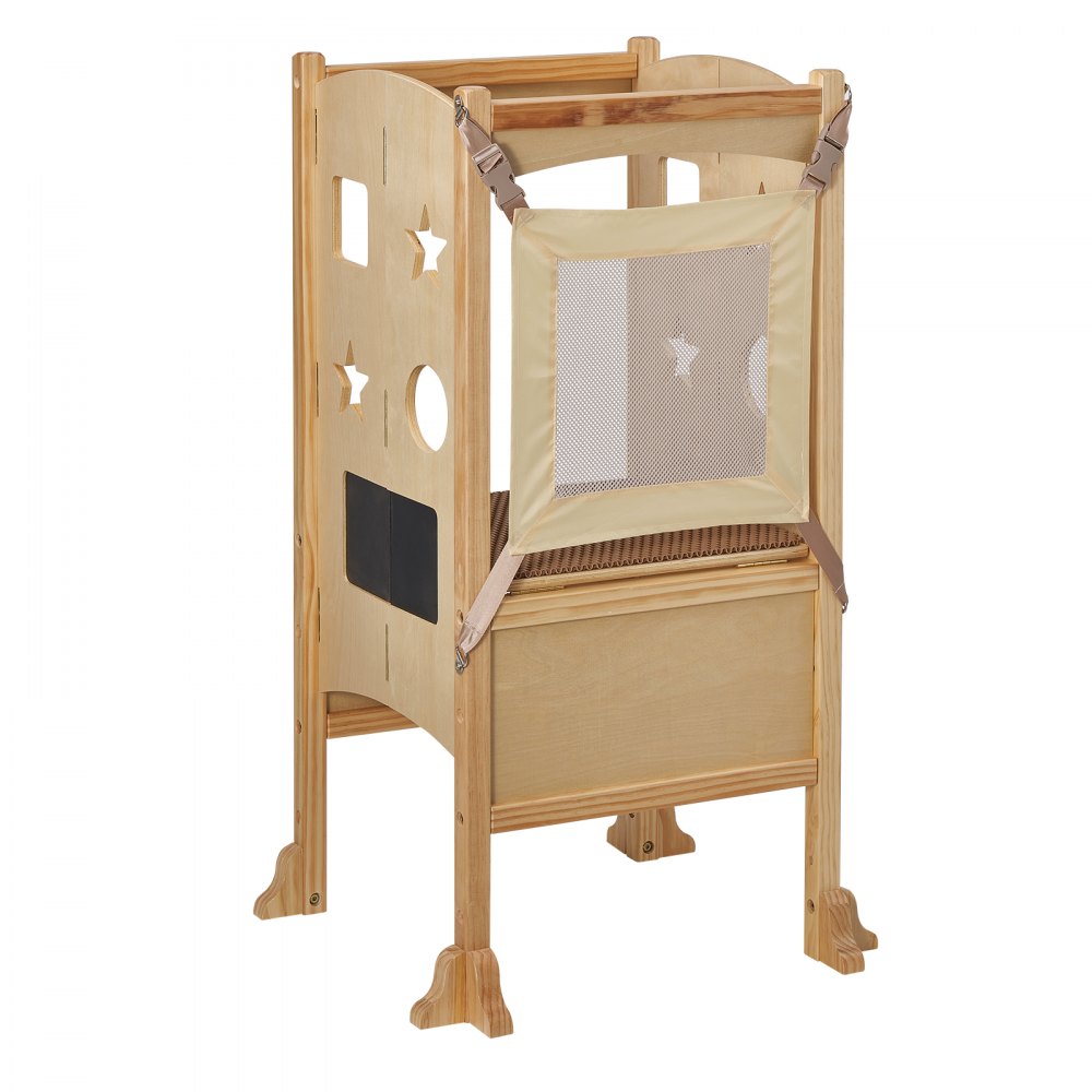 VEVOR Tower Step Stool for Kids and Toddlers, Foldable Toddler Kitchen Stool Helper with 3-Level Adjustable Height & Safety Net, Natural Solid Wood Standing Tower Learning Stool for Bedroom Bathroom