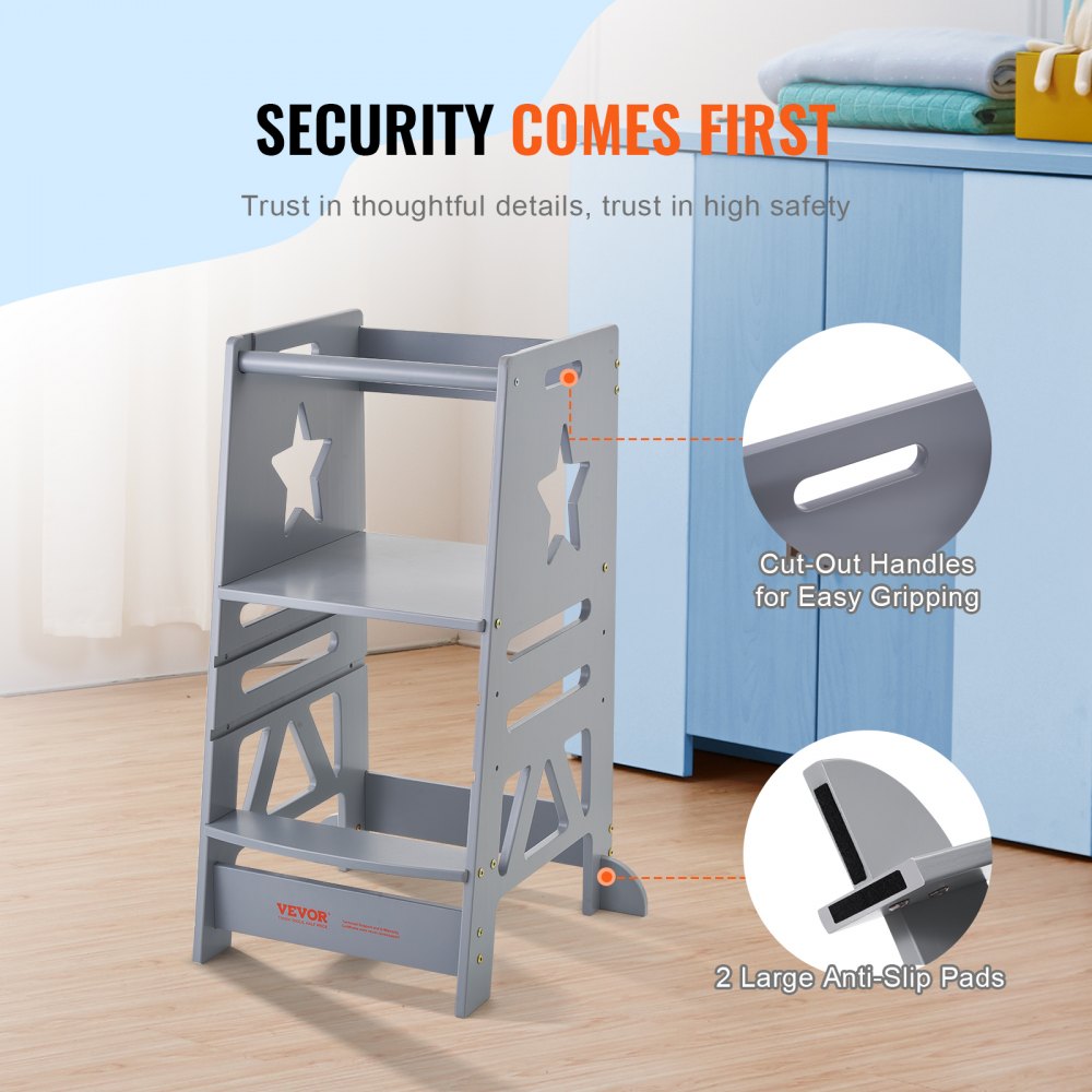 VEVOR children's step stool 158.9 kg weight capacity step stool 844 x 553 x 482 mm stool bamboo bathroom stool height adjustable from 328 to 520 mm learning tower children's stool step stool children's stool