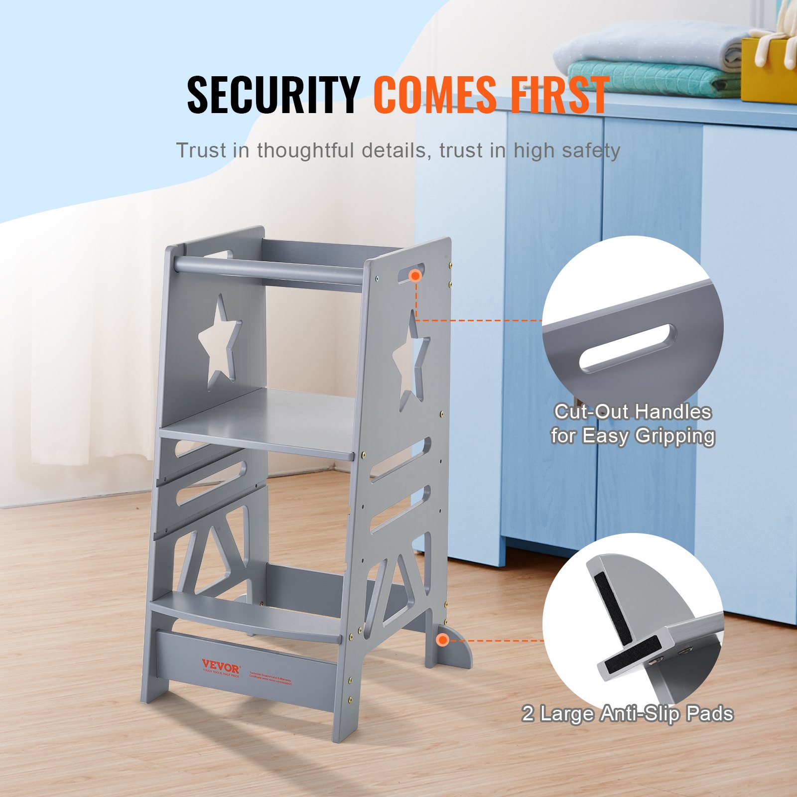 VEVOR children's step stool 158.9 kg weight capacity step stool 844 x 553 x 482 mm stool bamboo bathroom stool height adjustable from 328 to 520 mm learning tower children's stool step stool children's stool