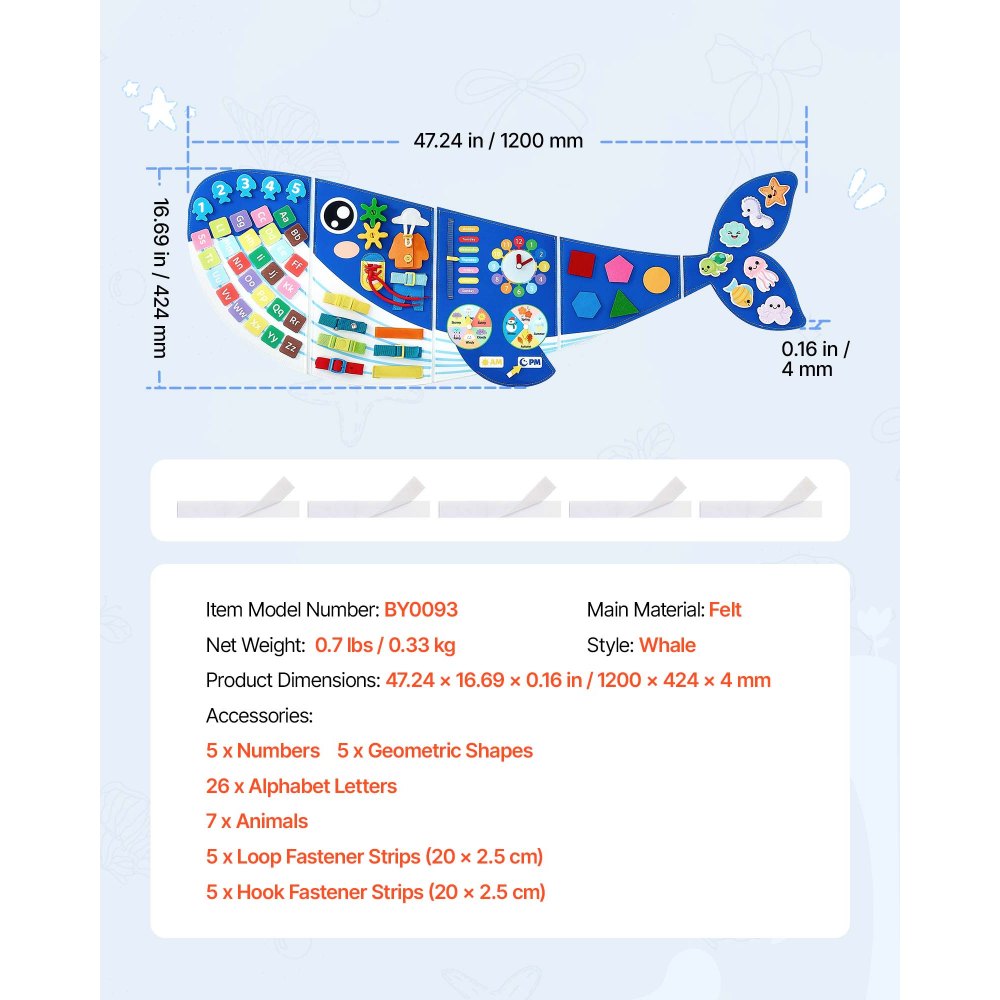 VEVOR Montessori Busy Board 12-in-1 Opvouwbaar Vilt Wandactiviteitenbord Walvis, Sensorisch Speelgoed voor Educatie & Vroege Ontwikkeling van Kinderen, met Cijfers, Letters, Dieren, Vormen, Klok & Leerelementen