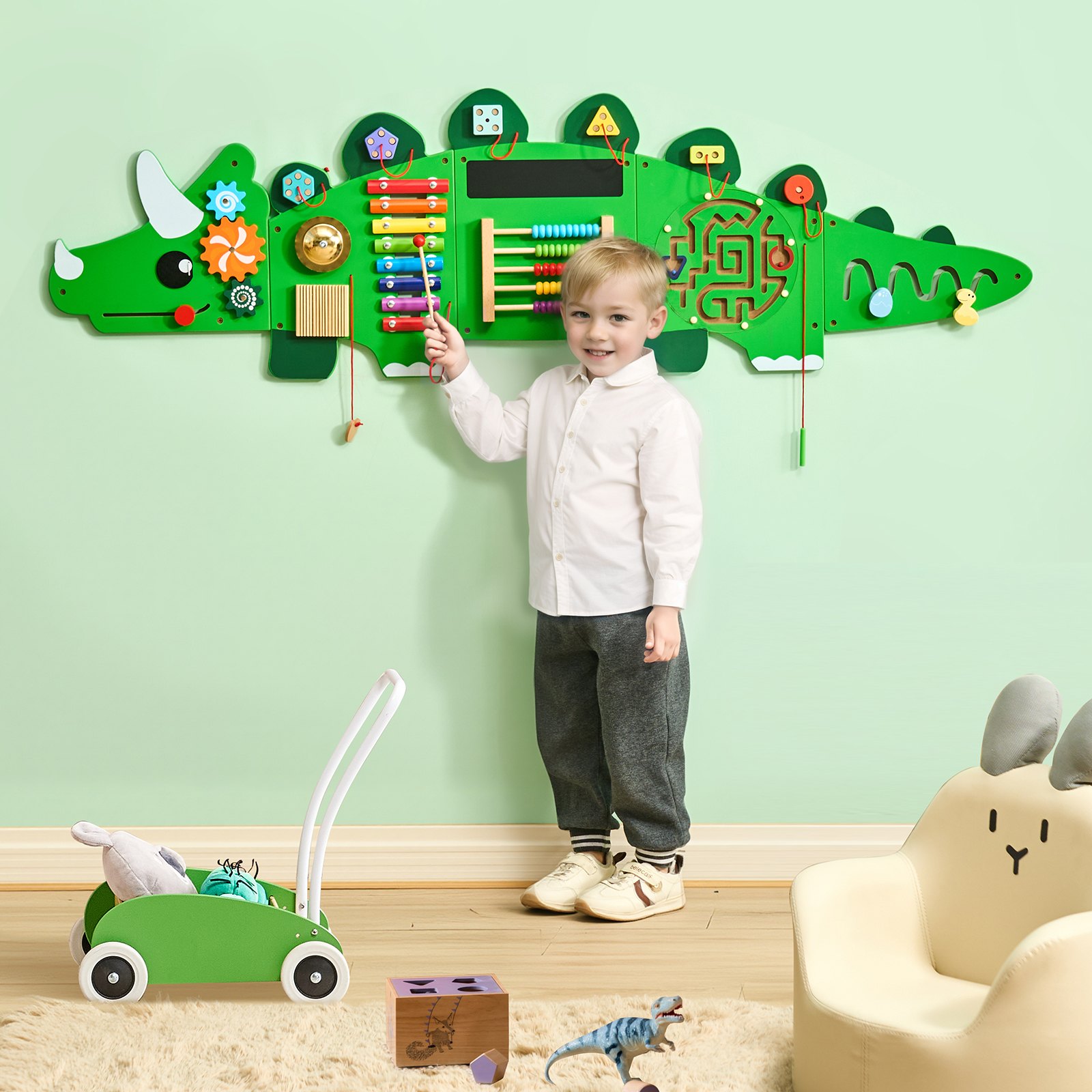 VEVOR Dinosaur Activity Wall Busy Board Panels, 11 Activities, Montessori Sensory Wall Toy for Kids 3-12 Years, Montessori Learning Activity Center, Ideal for Toddler Playroom Nursery Classroom