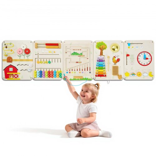 VEVOR Montessori Busy Board 16-in-1 5-delig houten wandbord met bewegende onderdelen, sensorisch leerspeelgoed voor educatie en vroege ontwikkeling voor kleuterschool en thuis, met xylofoon, klok, tandwielen en leerelementen