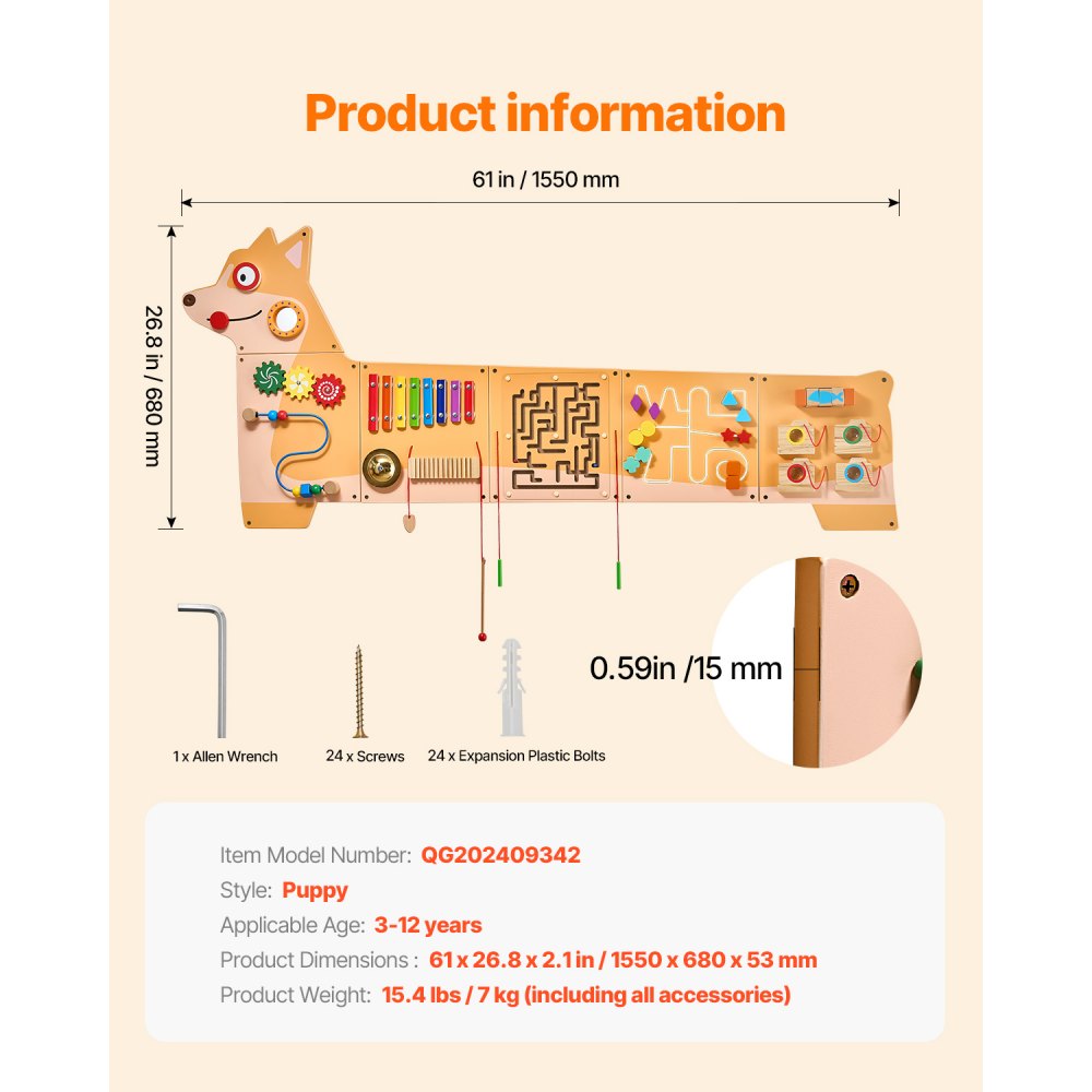 VEVOR Puppy Activity Wall, 12 spellen, sensorisch Montessori-muurspeelgoed voor kinderen van 3-12 jaar, Montessori-leeractiviteitencentrum, ideaal voor de speelkamer, kinderkamer en klaslokaal