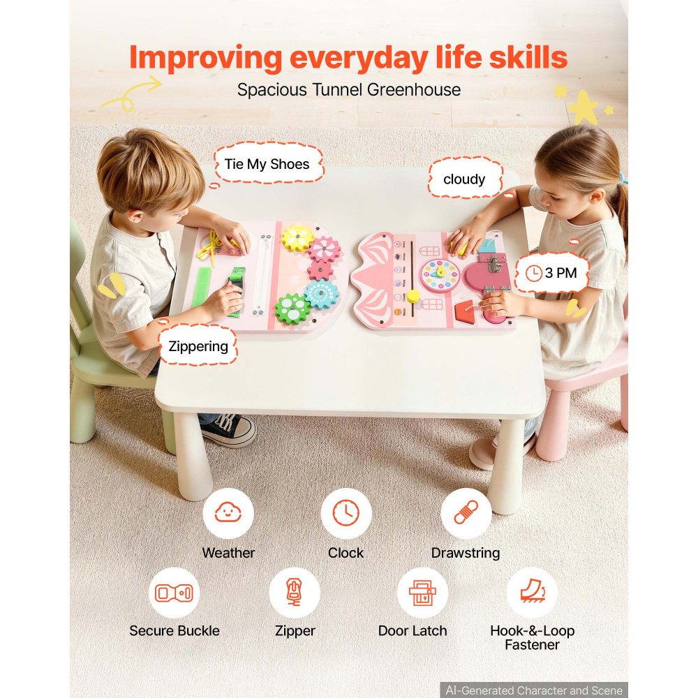 VEVOR Montessori Busy Board 14-in-1 Sensorisch Wandactiviteitenbord in Kasteelvorm, Motorisch Speelgoed voor Educatie & Vroege Ontwikkeling van Kinderen, Gemaakt van MDF-platen, met Xylofoon, Klok, Tandwielen & Leerelementen