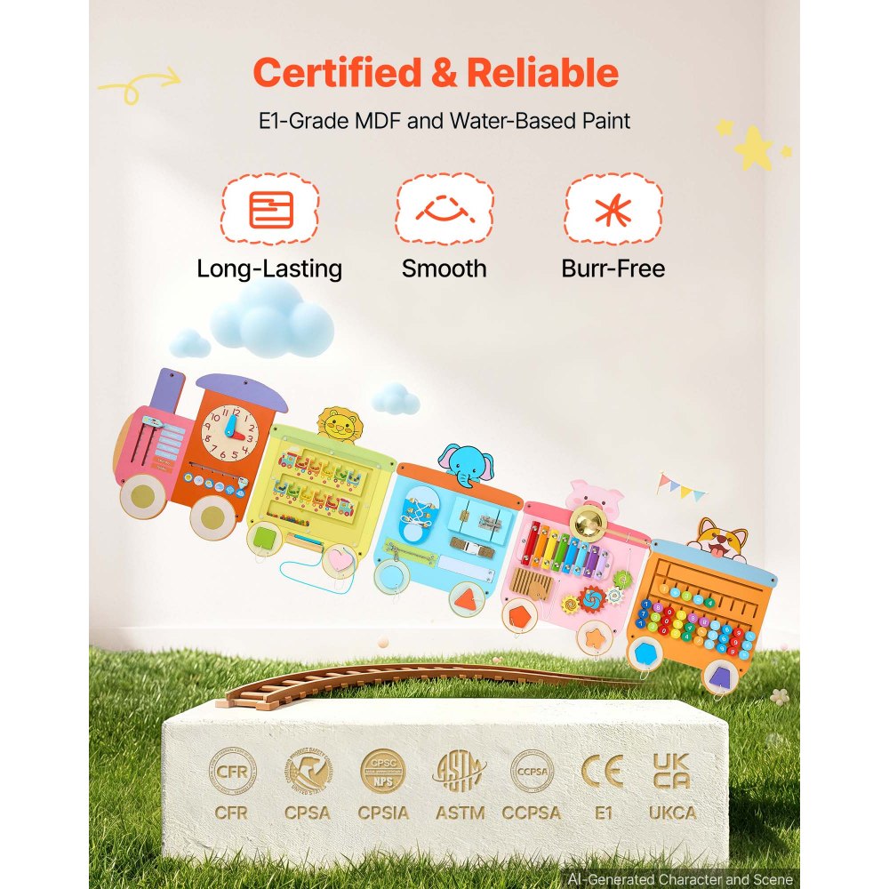 VEVOR Wall Busy Board, 18-in-1 Train Montessori Sensory Activity Panels, Learning Activity Center for Daycare, Classroom, Playroom, and Home, Sturdy Wooden Educational Toys, with Mounting Hardware