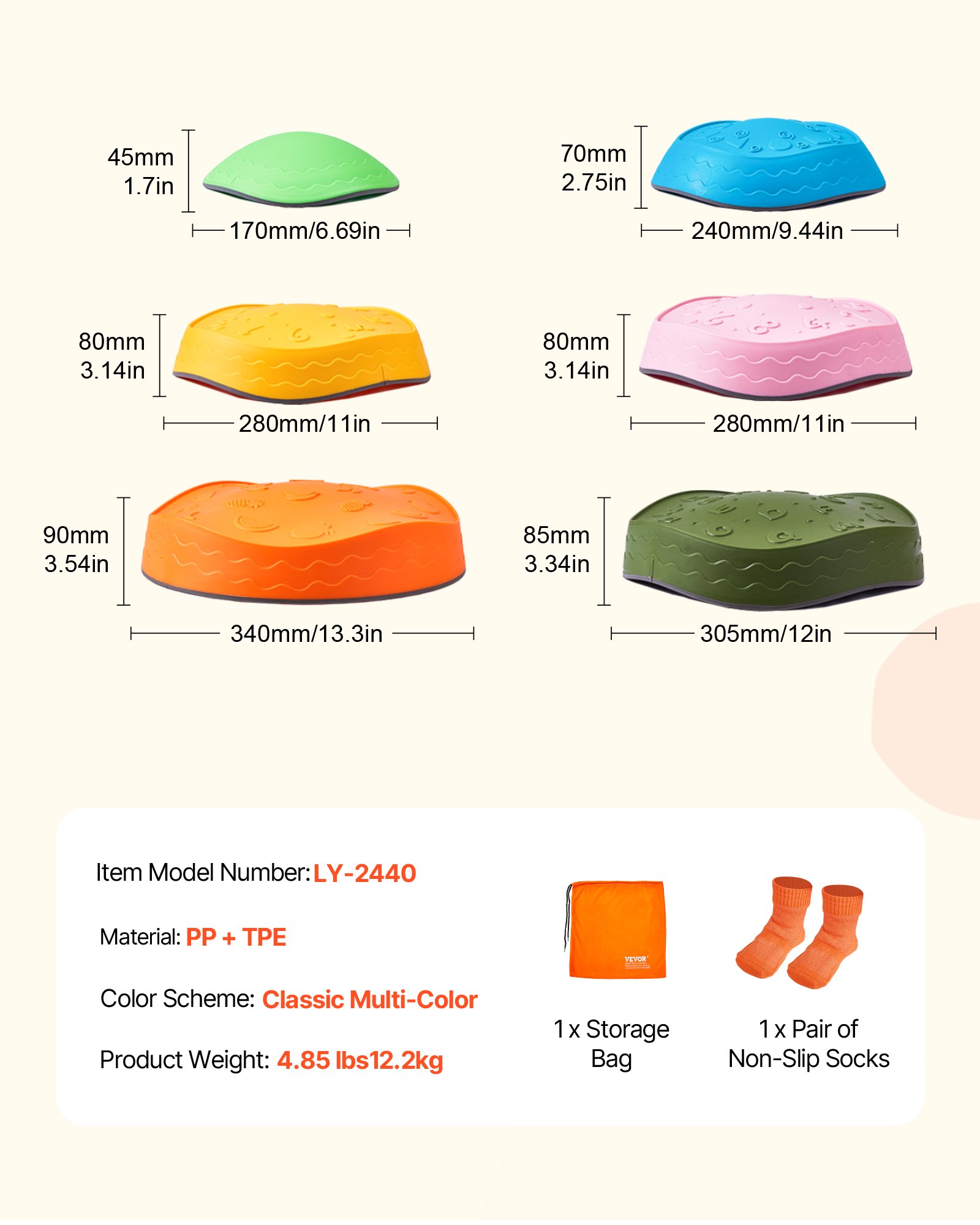 VEVOR Balance Stepping Stones for Kids, 6 PCS, Up to 220 lbs, Non-Slip Toddlers Sensory Stepping Stones, Obstacle Course Coordination Game Toys Indoor or Outdoor Play for Children Aged 3 4 5 6 7 8+