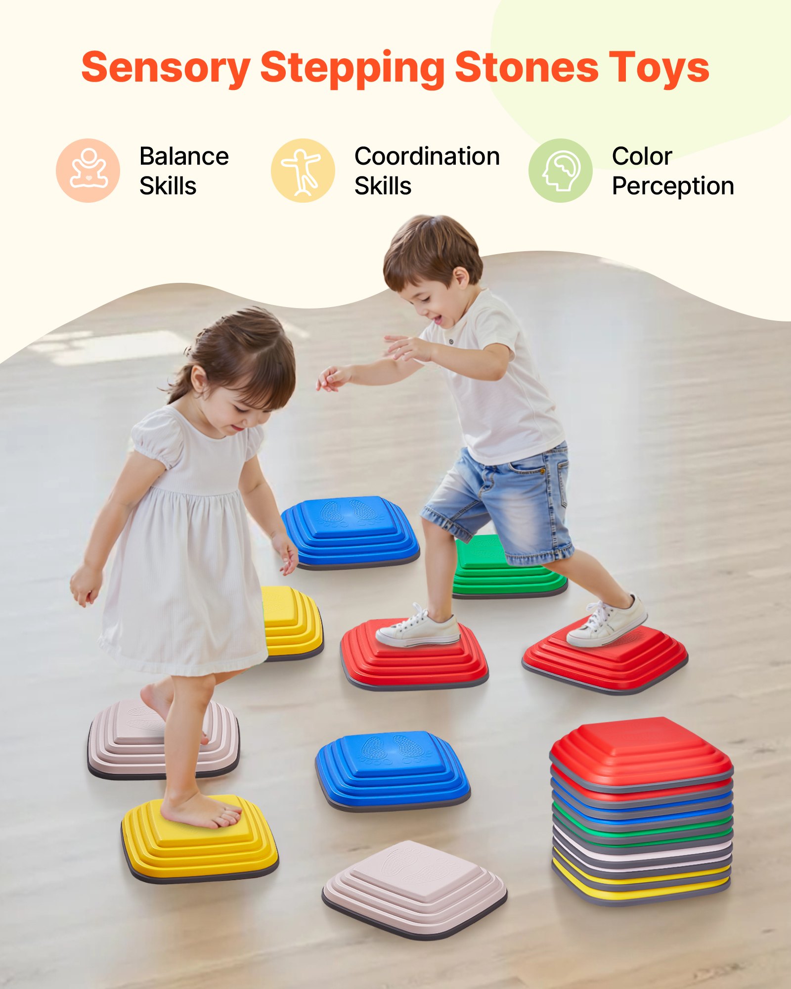 VEVOR Balance Stepping Stones voor kinderen, set van 10, tot 100 kg, hindernisbaan coördinatiespel speelgoed voor binnen- en buitenspelen Balancerende stapstenen voor kinderen vanaf 3 jaar