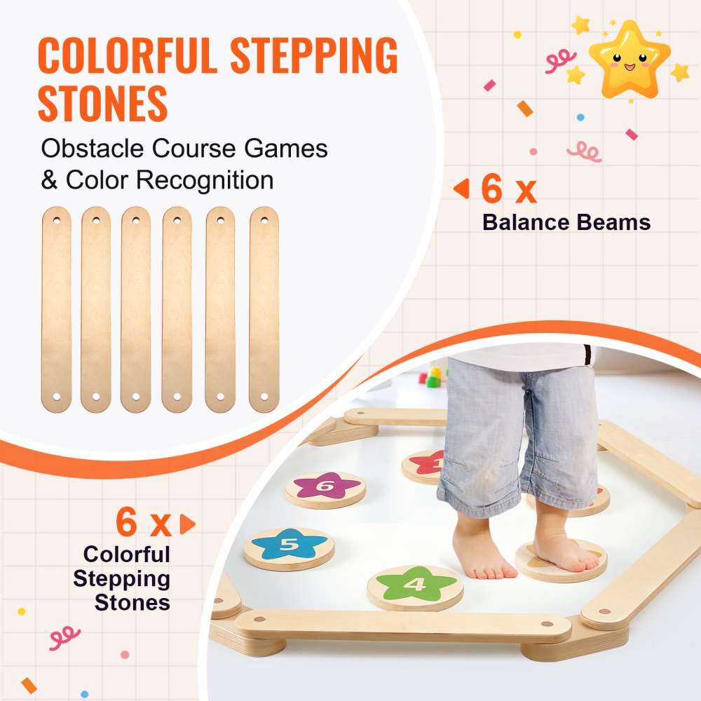 VEVOR Balance Beam Stepping Stones, 6 PCS Wooden Toddler Balance Boards, Montessori Toy for Kids 2-6, Build Coordination and Gross Motor Skills, Gymnastics Course Indoor & Outdoor for Girls Boys Gift