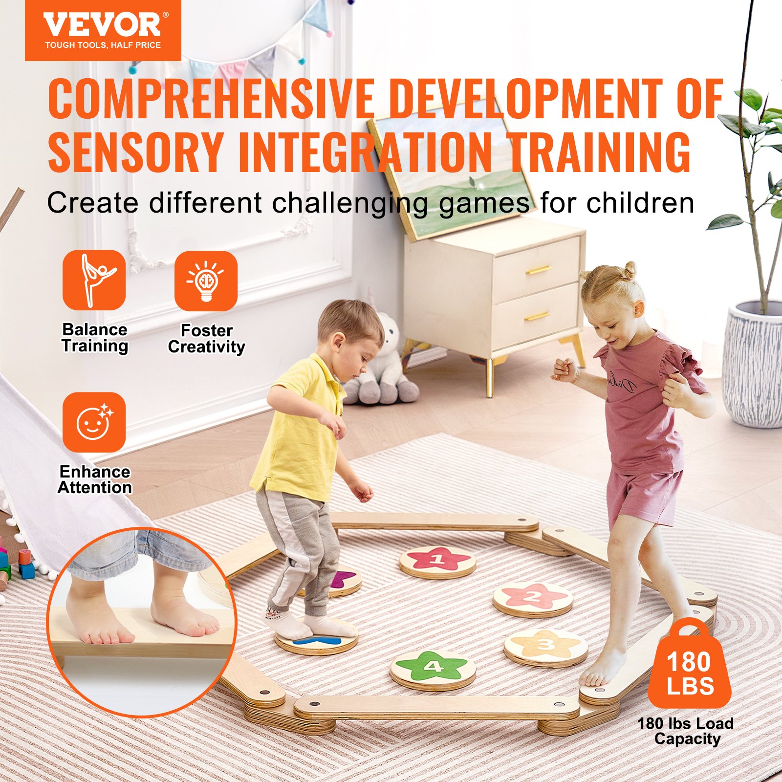 VEVOR Balance Beam Stepping Stones, 6 PCS Wooden Toddler Balance Boards, Montessori Toy for Kids 2-6, Build Coordination and Gross Motor Skills, Gymnastics Course Indoor & Outdoor for Girls Boys Gift