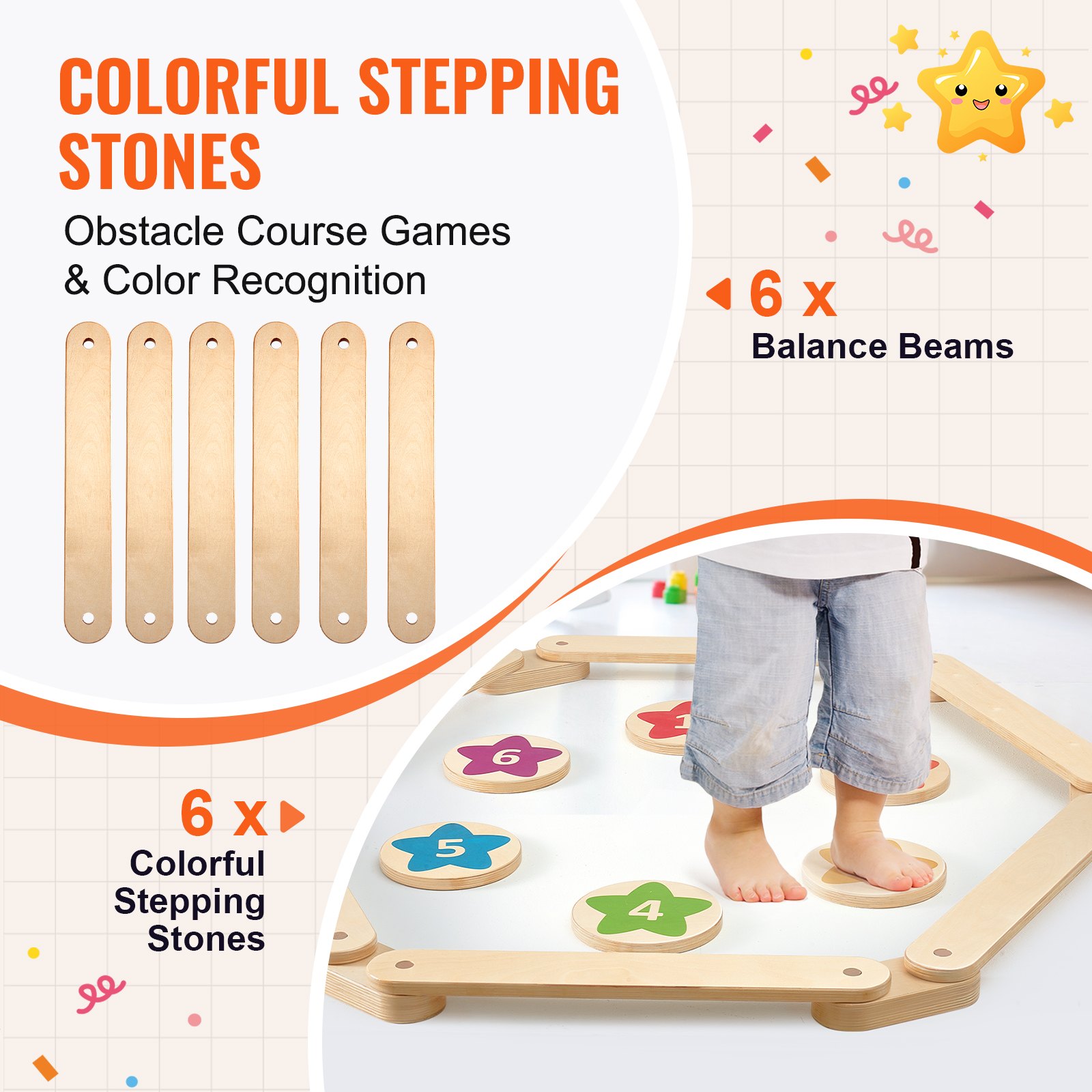 VEVOR Balance Beam Stepping Stones, 6 PCS Wooden Toddler Balance Boards, Montessori Toy for Kids 2-6, Build Coordination and Gross Motor Skills, Gymnastics Course Indoor & Outdoor for Girls Boys Gift