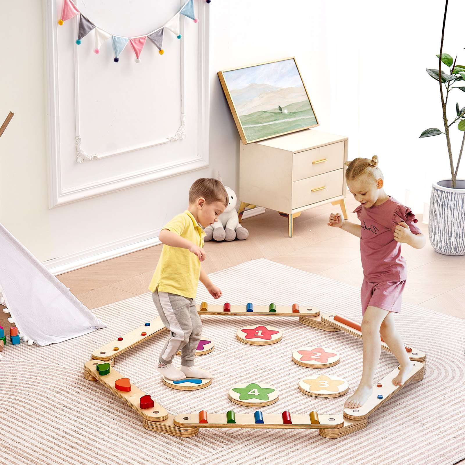 VEVOR Balance Beam Stepping Stones, 6 PCS Wooden Toddler Balance Boards, Montessori Toy for Kids 2-6, Build Coordination and Gross Motor Skills Gymnastics Obstacle Course Indoor Outdoor for Girls Boys