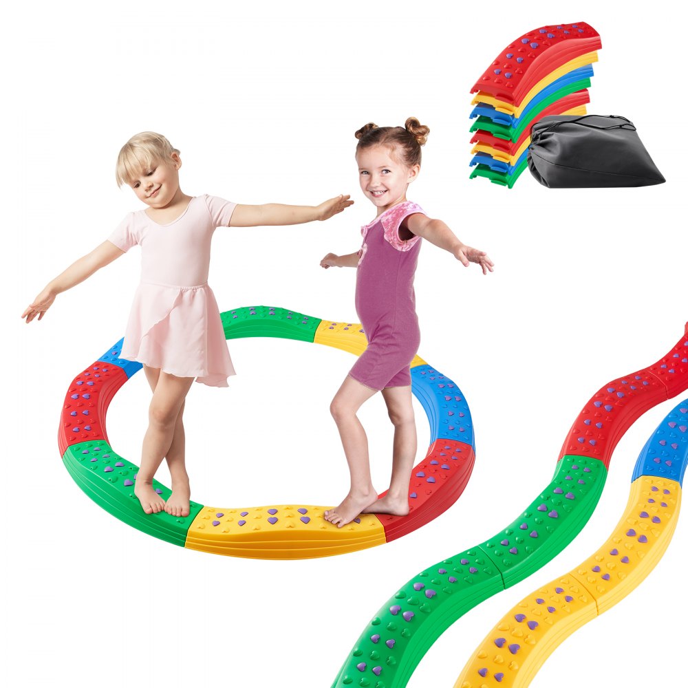 children balancing on colorful VEVOR kids balance beam pieces, showcasing stackable and curved segments.