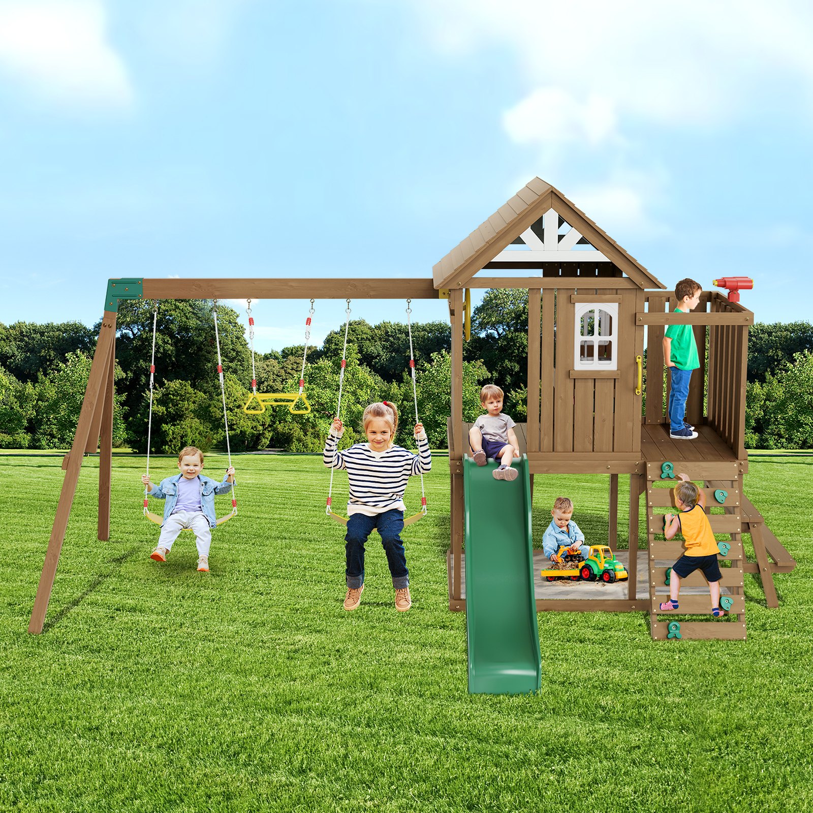 VEVOR Houten Schommelset, 9-in-1 Speeltuinsets voor Buitentuin, 2 Schommels, Trapezebar, Glijbaan van 1,8 m, Groot Bovenfort met Keukenspeelgoed, Platte Trapladder, Klimwand, Picknicktafel