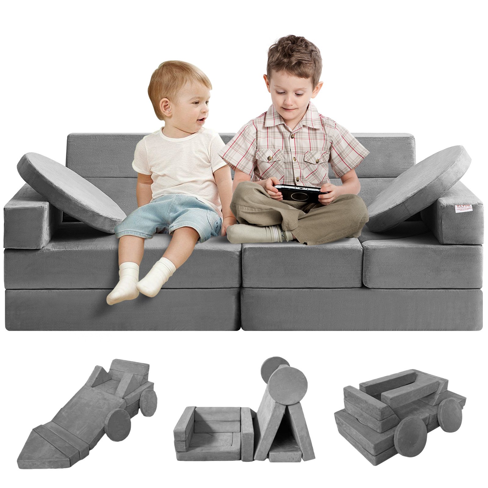 VEVOR Play Couch, 15pcs Modular Kids Couch, Toddler Foam Sofa Couch with High-density 25D Sponge for Playing, Creativing, Sleeping, Imaginative Kids Furniture for Bedroom and Playroom