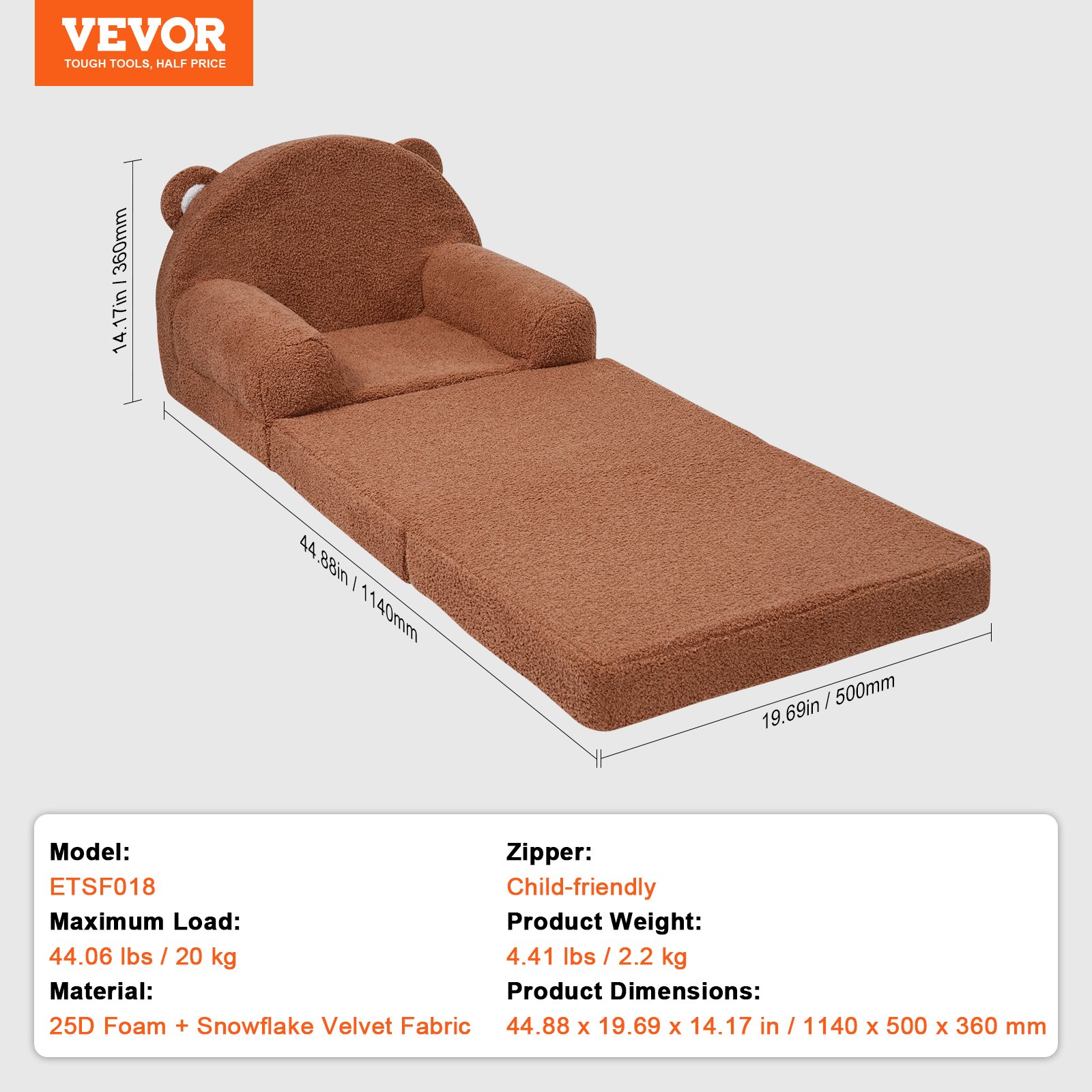 VEVOR Kinderbank 2-in-1 Omvormbare kinderbank naar relaxfauteuil, uitklapbare kinderbank, peuterbed, opvouwbare kinderspeelbank om in te slapen, bruin 114 x 50 x 36 cm