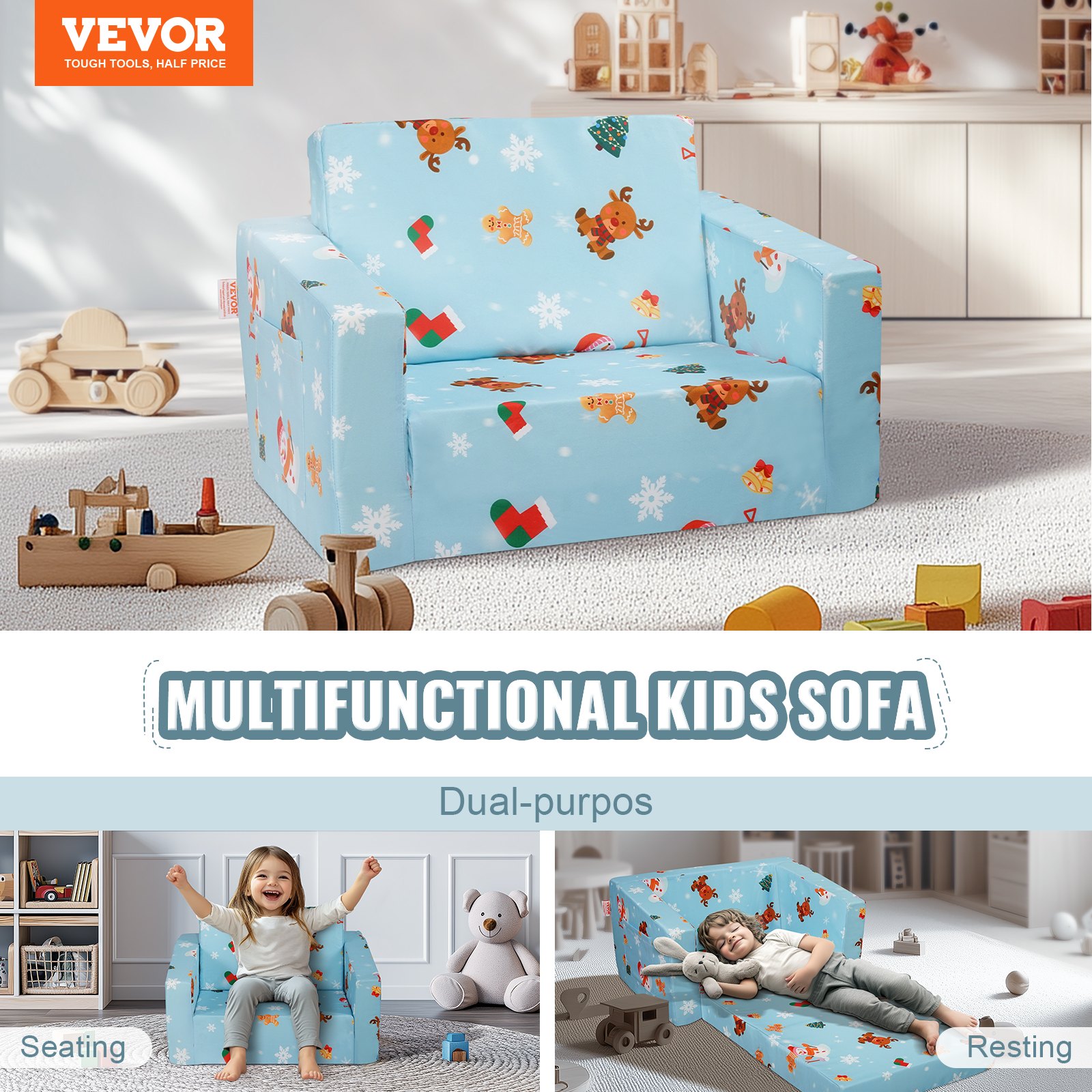 VEVOR Kinderbank 2-in-1 Omvormbare Kinderbank naar Relaxfauteuil, Uitklapbare Kinderbank Fauteuil, Peuter Armleuning Stoel Bed, Opklapbare Kinderspeelbank, met Kerstpatroon