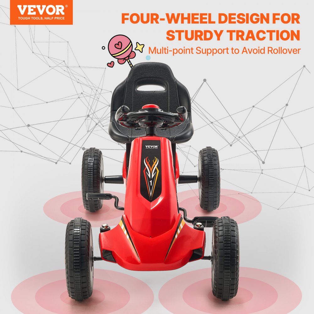VEVOR Go-Kart, Trapauto met Stuur, Ergonomisch Verstelbare Stoel, Antislipwielen, Draagbare Trapauto met Trapkruk, Kindervoertuig voor Kinderen van 3-8 Jaar, Rood