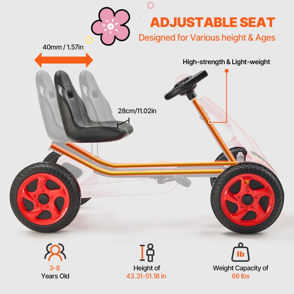 VEVOR Go-Kart, Trapauto met Stuur, Ergonomisch Verstelbare Stoel, Antislipwielen, Draagbare Trapauto met Trapkruk, Kindervoertuig voor Kinderen van 3-8 Jaar, Rood