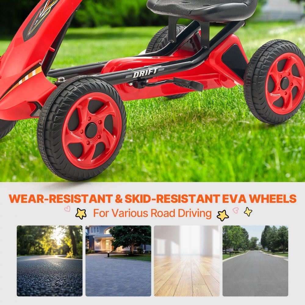 VEVOR Go-Kart, Trapauto met Stuur, Ergonomisch Verstelbare Stoel, Antislipwielen, Draagbare Trapauto met Trapkruk, Kindervoertuig voor Kinderen van 3-8 Jaar, Rood