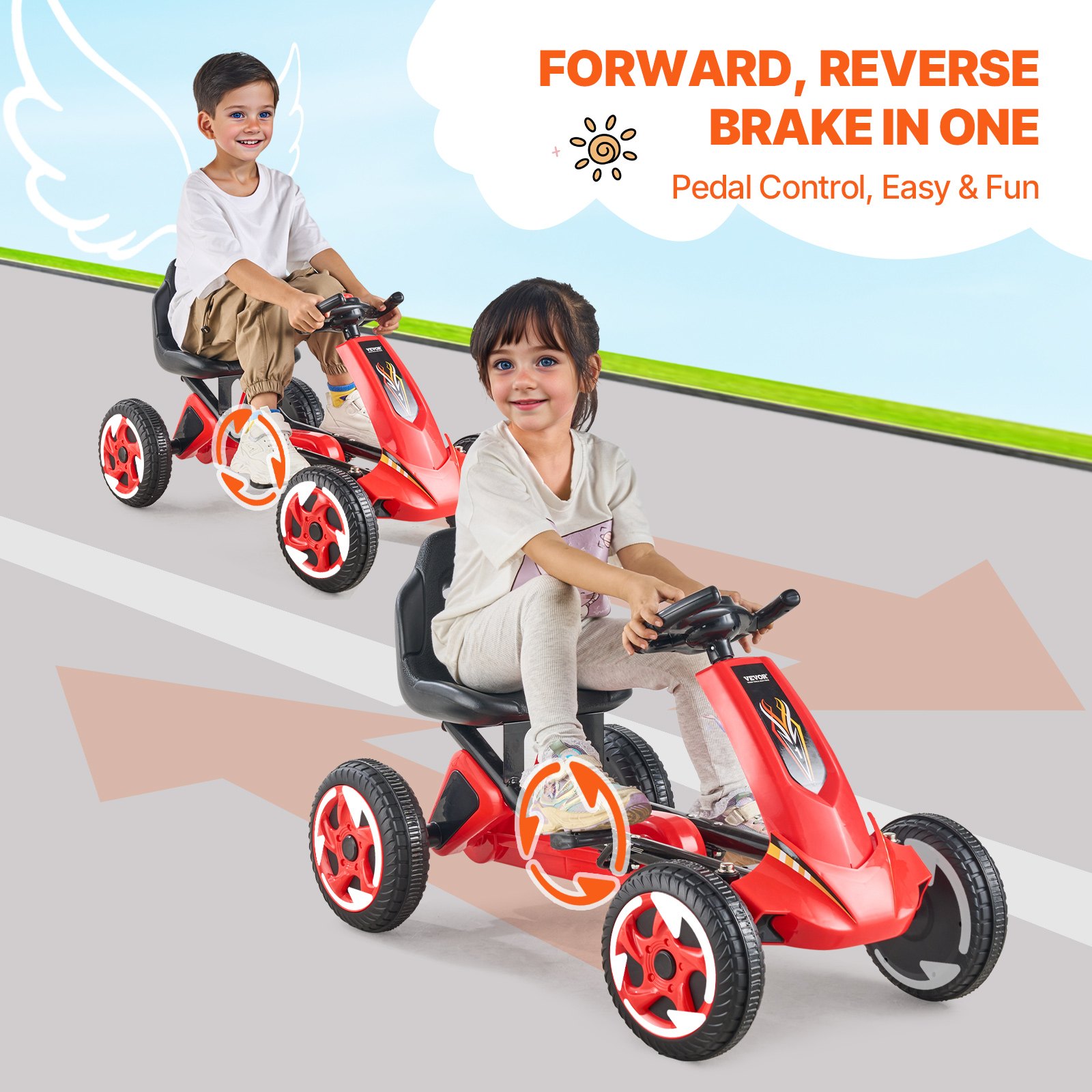 VEVOR Go-Kart, Trapauto met Stuur, Ergonomisch Verstelbare Stoel, Antislipwielen, Draagbare Trapauto met Trapkruk, Kindervoertuig voor Kinderen van 3-8 Jaar, Rood