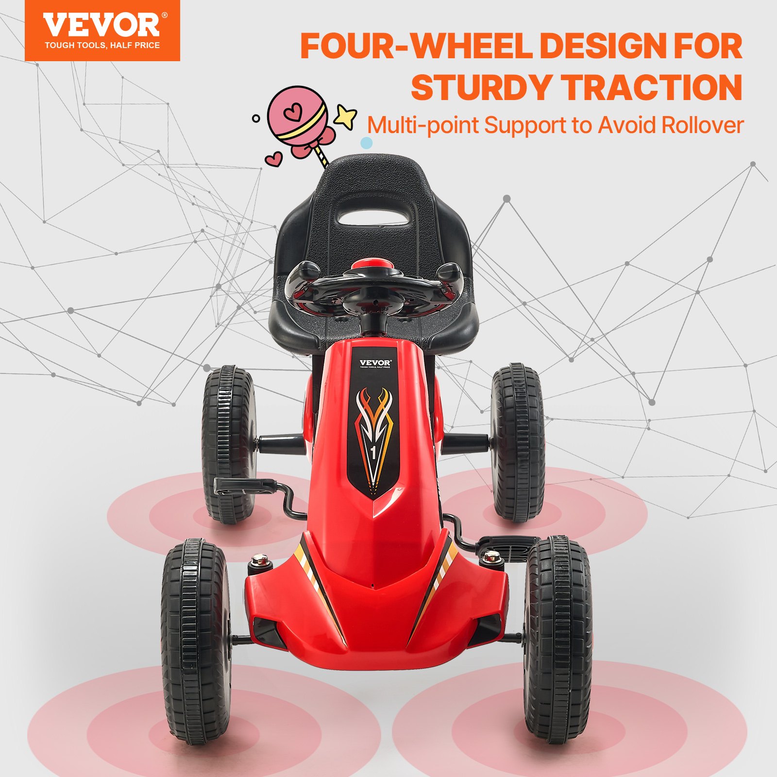 VEVOR Go-Kart, Trapauto met Stuur, Ergonomisch Verstelbare Stoel, Antislipwielen, Draagbare Trapauto met Trapkruk, Kindervoertuig voor Kinderen van 3-8 Jaar, Rood