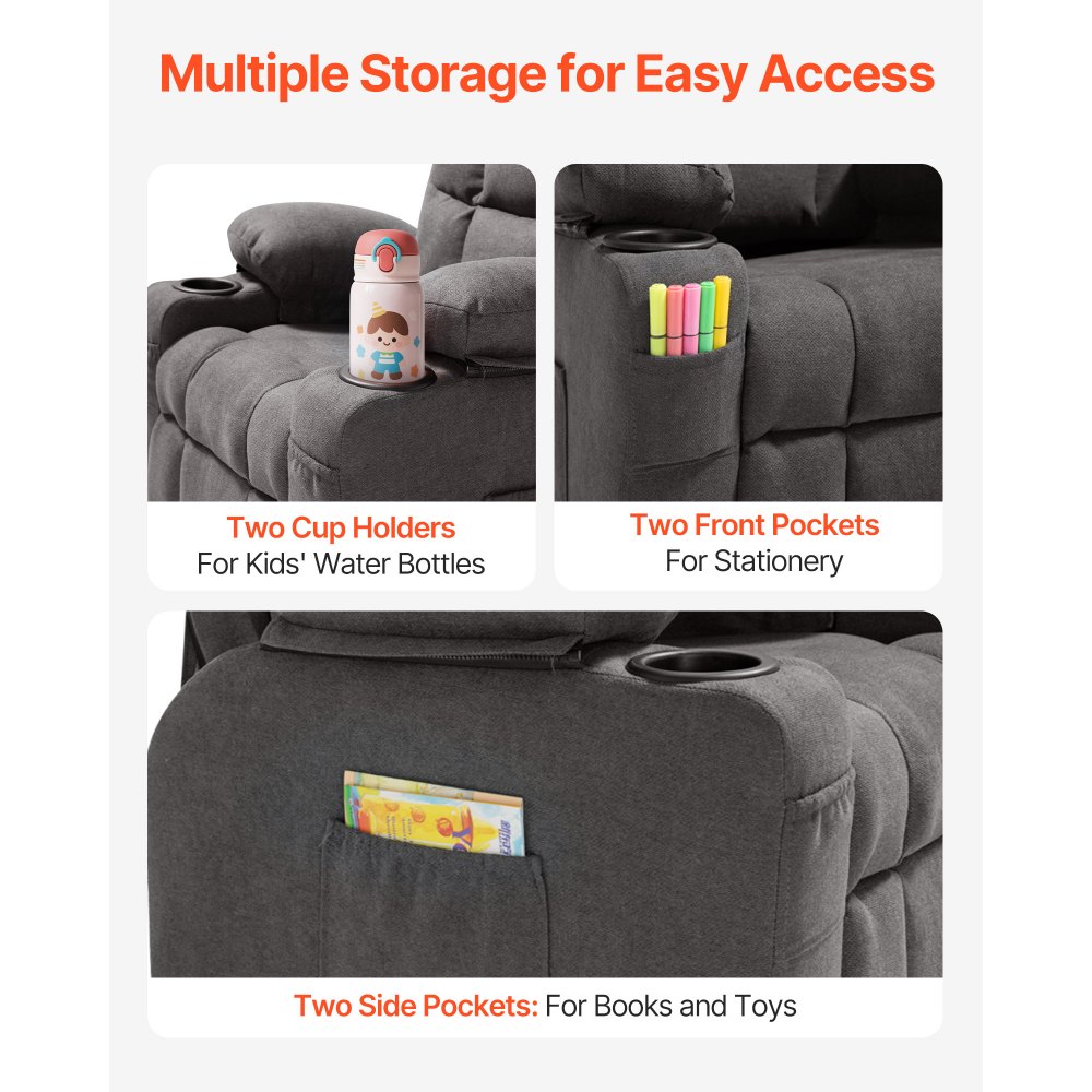 VEVOR Kinderbank met bekerhouders en zijvakken, kinderfauteuil met verstelbare rugleuning van 107° tot 126° en ademende polyester bekleding, relaxbank met voetensteun, geschikt voor kinderen (grijs)