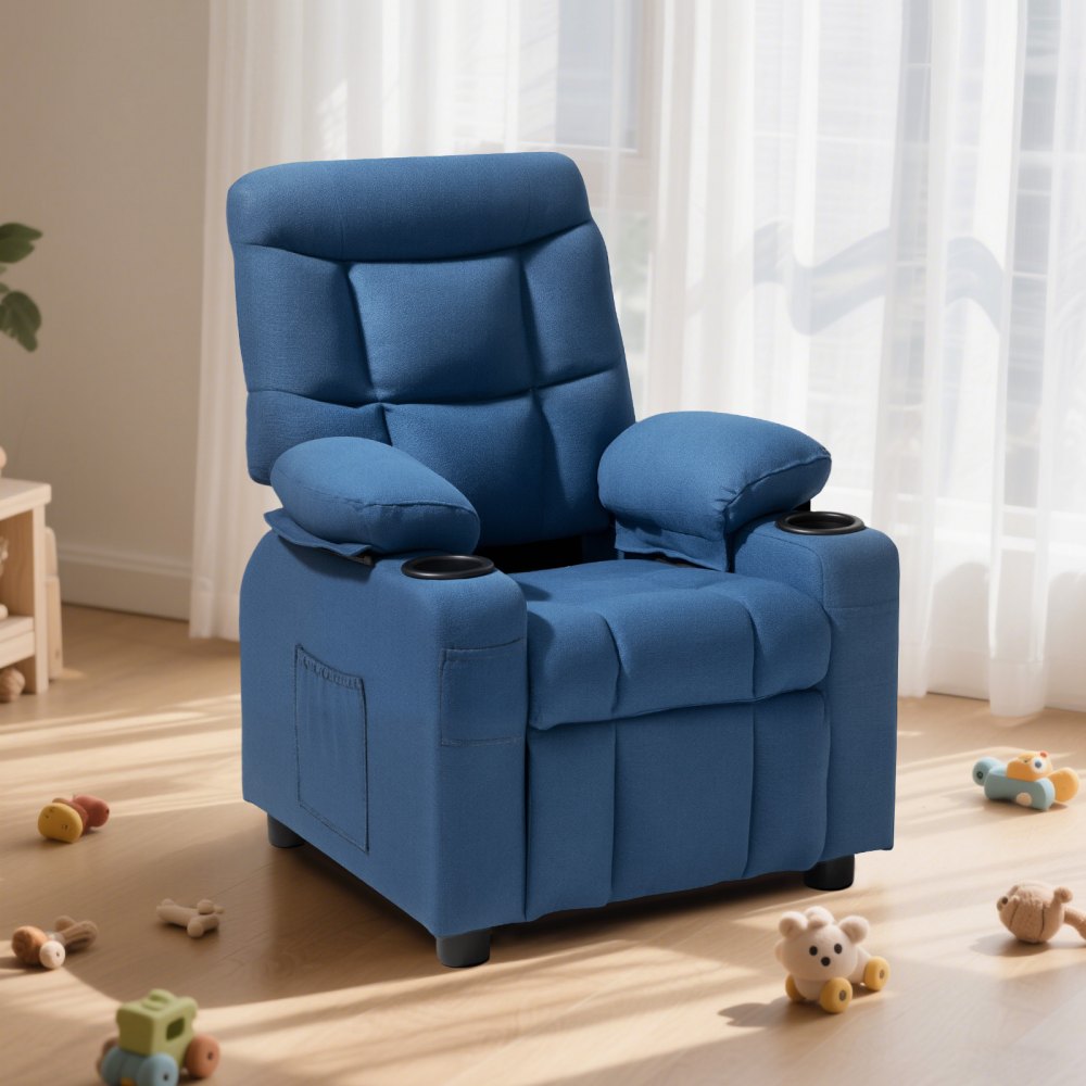 VEVOR Kinderfauteuil met bekerhouders en zakken, 107° tot 126° verstelbare rugleuning, ademend polyesterweefsel, relaxfauteuil met voetenbankje, voor jongens en meisjes (blauw)