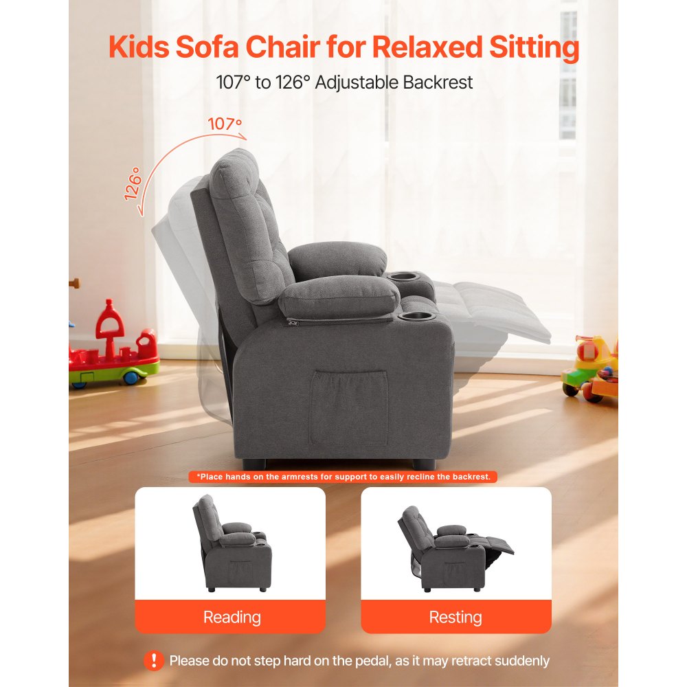 VEVOR Kinderfauteuil met bekerhouders en opbergvakken, 107° tot 126° verstelbare rugleuning, ademend polyesterweefsel, relaxfauteuil met voetenbankje, voor jongens en meisjes (grijs)