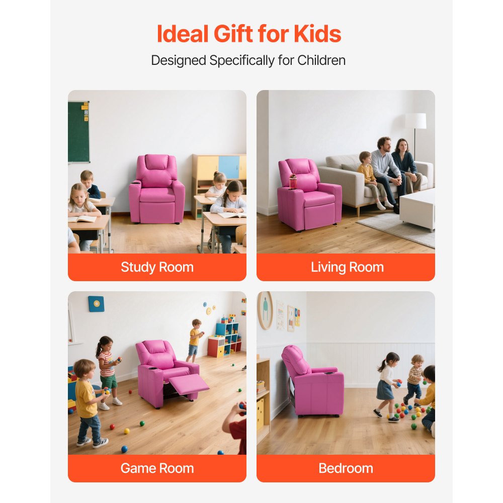 VEVOR Kinderfauteuil met bekerhouders, 101° tot 121° verstelbare rugleuning, PU-leren relaxfauteuil met voetenbank, voor jongens en meisjes (roze) 41 kg draagvermogen relaxfauteuil