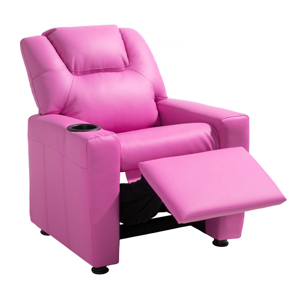 VEVOR Kinderfauteuil met bekerhouders, 101° tot 121° verstelbare rugleuning, PU-leren relaxfauteuil met voetenbank, voor jongens en meisjes (roze) 41 kg draagvermogen relaxfauteuil