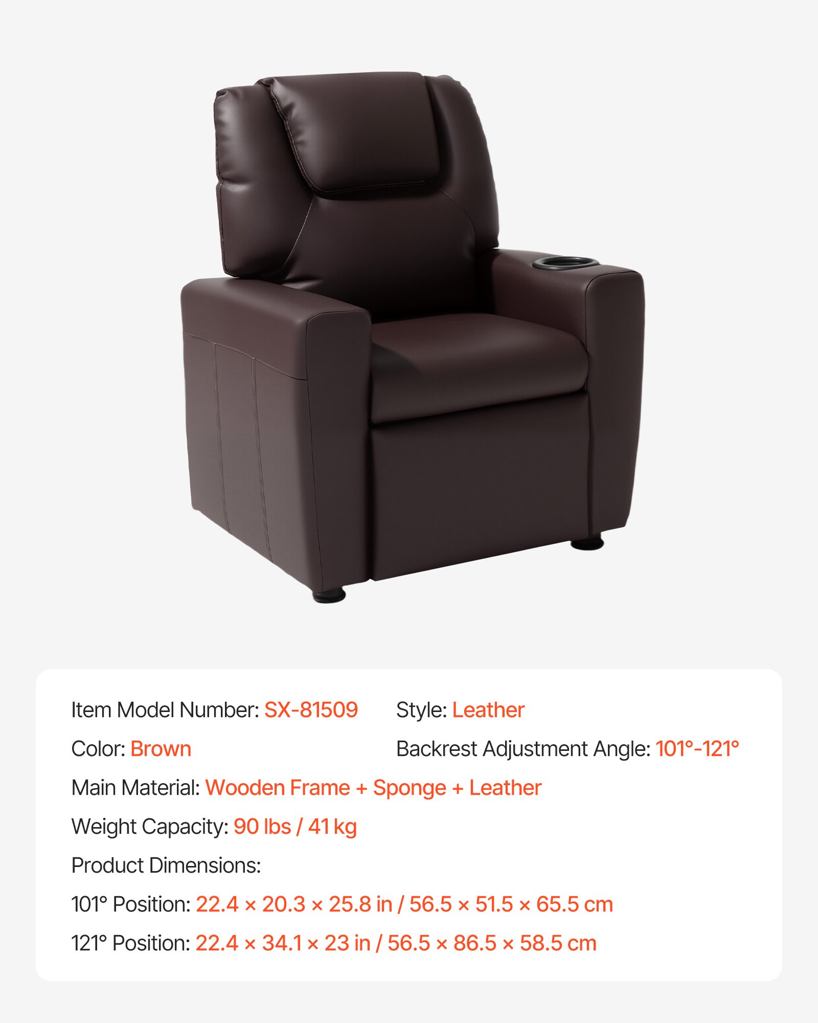 VEVOR Kinderfauteuil met bekerhouders, 101°-121° verstelbare rugleuning, PU-leren relaxfauteuil met voetenbank, draagvermogen 41 kg, relaxfauteuil voor jongens en meisjes (bruin)