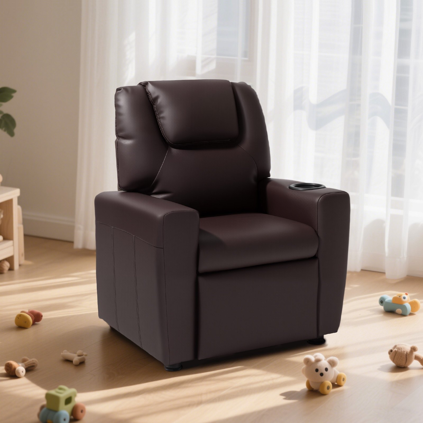 VEVOR Kinderfauteuil met bekerhouders, 101°-121° verstelbare rugleuning, PU-leren relaxfauteuil met voetenbank, draagvermogen 41 kg, relaxfauteuil voor jongens en meisjes (bruin)
