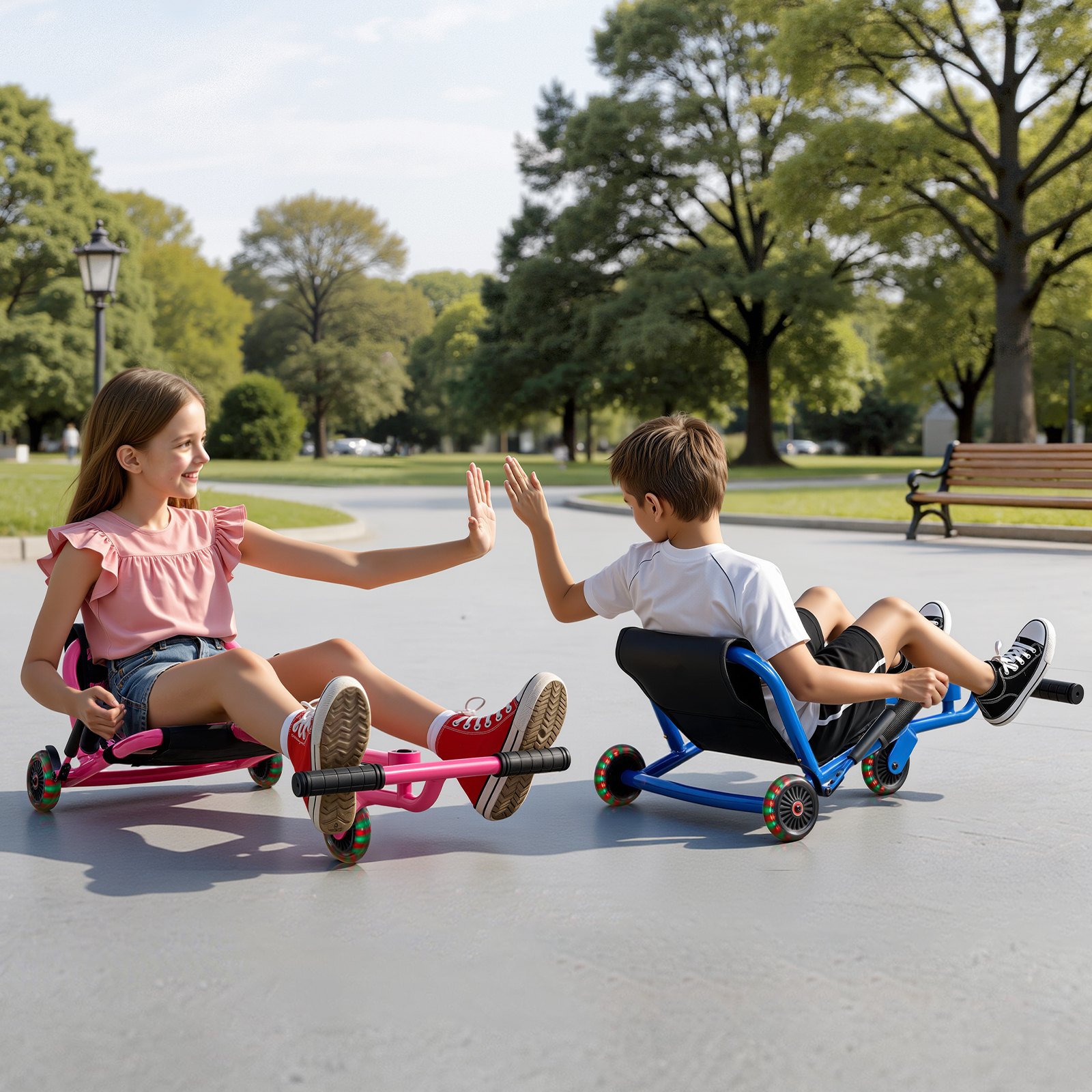 VEVOR Fun Vehicle met zigzagaandrijving, 68 kg draagvermogen, roze, driewieler voor kinderen vanaf 4 jaar, metalen frame en 400D Oxford-stof, kleurrijke LED-verlichte wielen, in 3 standen verstelbare lengte, met remhendel.
