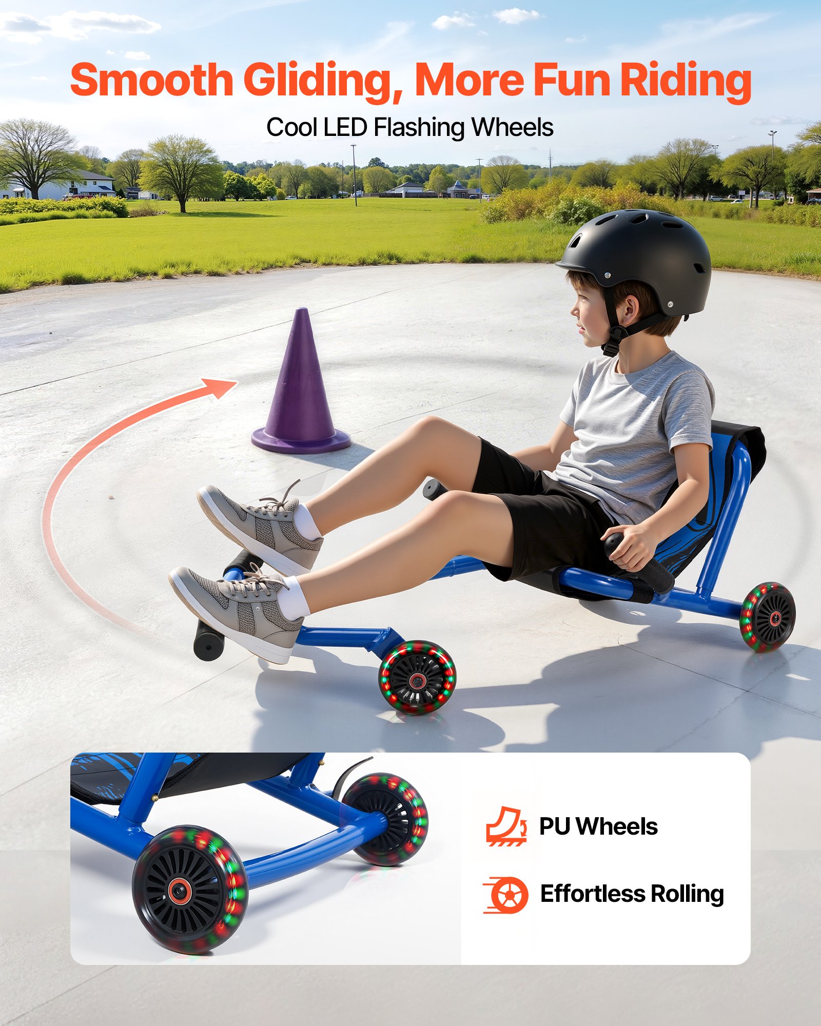 VEVOR Fun Vehicle met zigzagaandrijving, 68 kg draagvermogen, blauw, driewieler voor kinderen vanaf 4 jaar, metalen frame en 400D Oxford-stof, kleurrijke LED-verlichte wielen, in 3 standen verstelbare lengte, met remhendel.