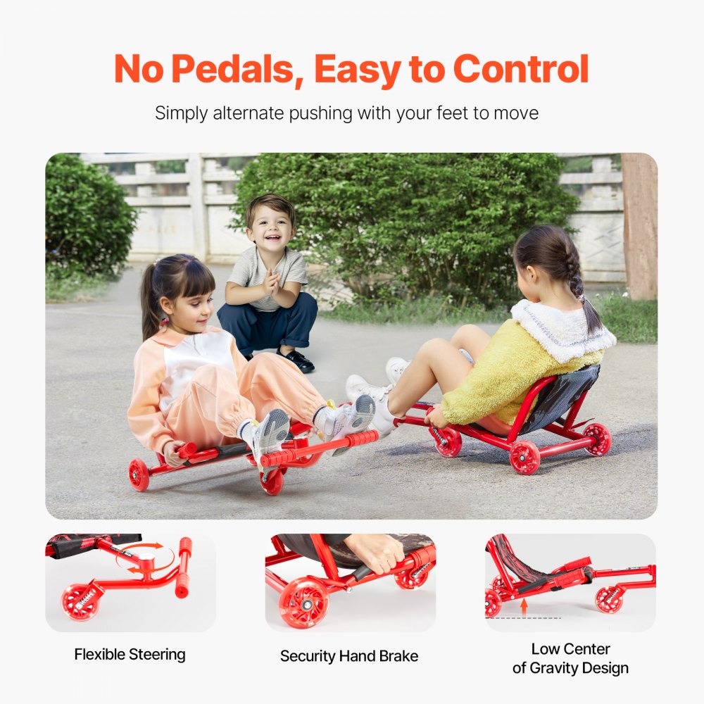 VEVOR Fun Vehicle met zigzagaandrijving, 60 kg draagvermogen, rood, driewieler voor kinderen vanaf 4 jaar, stalen frame en Oxford-stof, kleurrijke LED-verlichte wielen, in twee richtingen in lengte verstelbaar, met remhendel