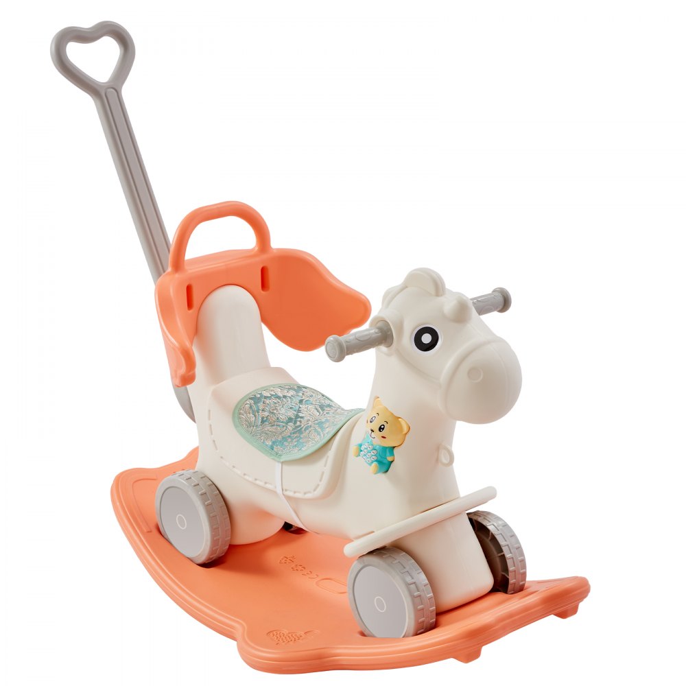 orange and white VEVOR rocking horse with wheels and heart-shaped handle.