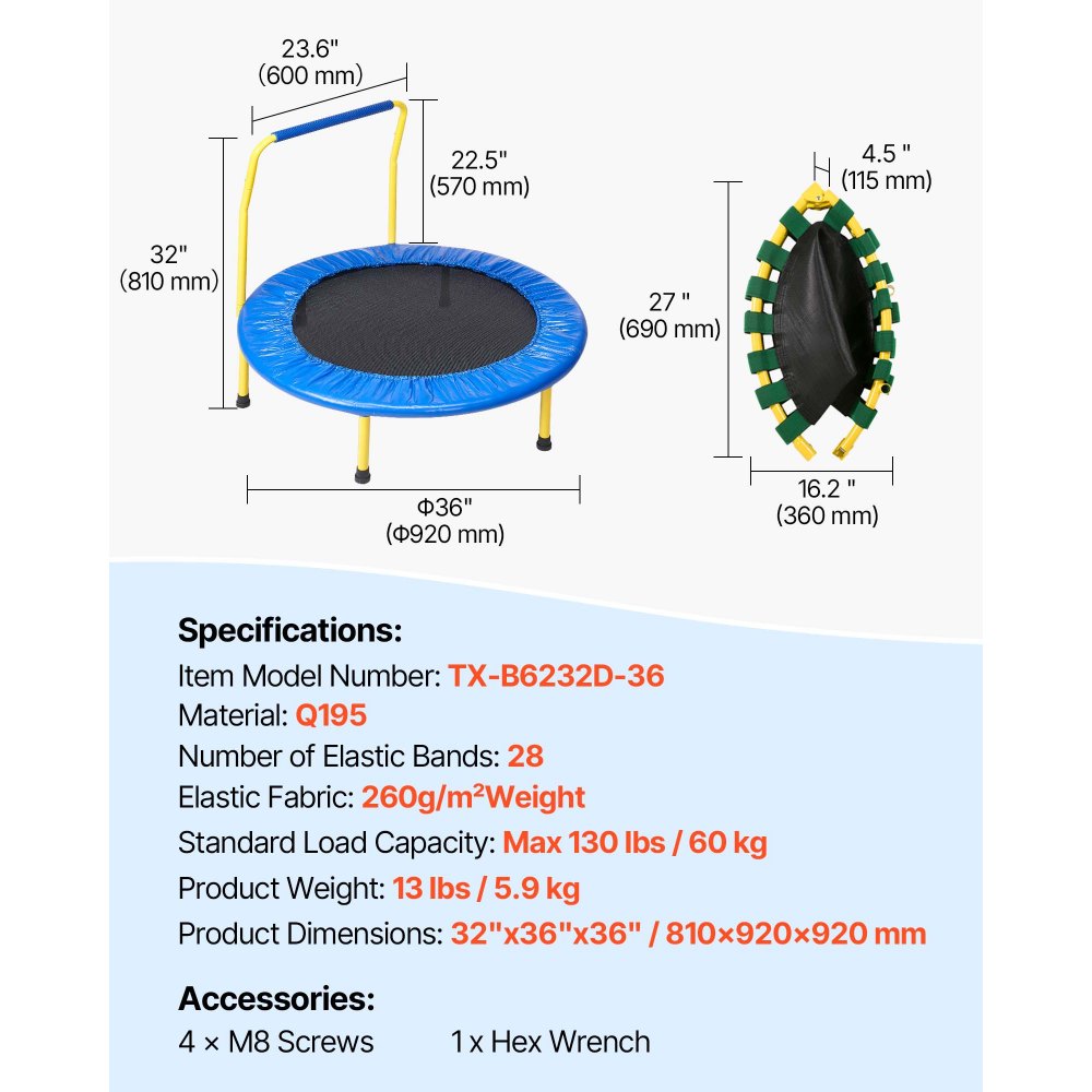 VEVOR 3FT Trampoline for Kids, 36" Trampolines Indoor/Outdoor Trampoline for Toddlers, Foldable Mini Baby Trampoline with Foam Handle, Recreational Trampoline Birthday Gift for 3+ Years Kids