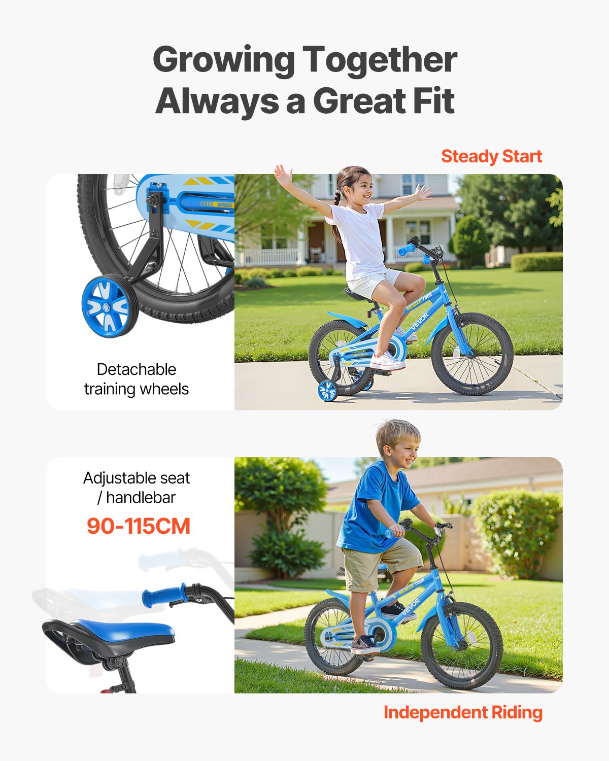 VEVOR Kids Bike, 35.56 cm BMX Style Children Bicycle, Rider Height 90 cm - 115 cm, Training Wheels Included, Sturdy and Easy to Assemble, Toddler Bike for Boys & Girls Learning to Ride, Blue