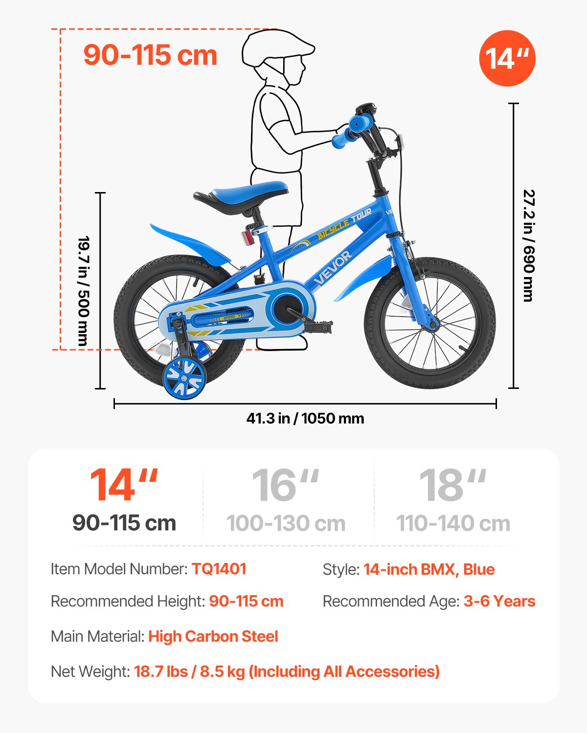 VEVOR Kids Bike, 35.56 cm BMX Style Children Bicycle, Rider Height 90 cm - 115 cm, Training Wheels Included, Sturdy and Easy to Assemble, Toddler Bike for Boys & Girls Learning to Ride, Blue