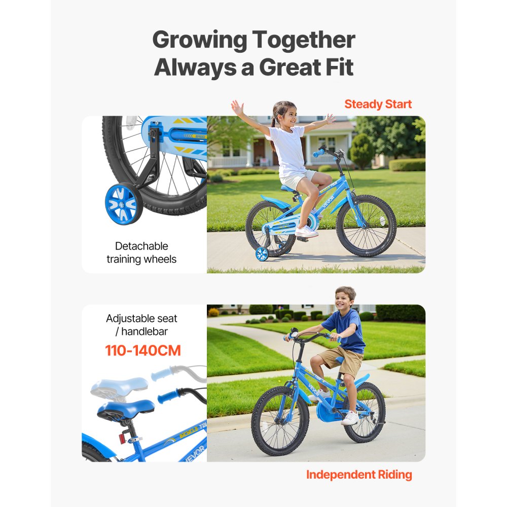 VEVOR kinderfiets, 18-inch BMX-fiets met zijwieltjes, aanbevolen lengte kind 110-140 cm, stevig en eenvoudig te monteren, peuterfiets voor jongens en meisjes om te leren fietsen, blauw