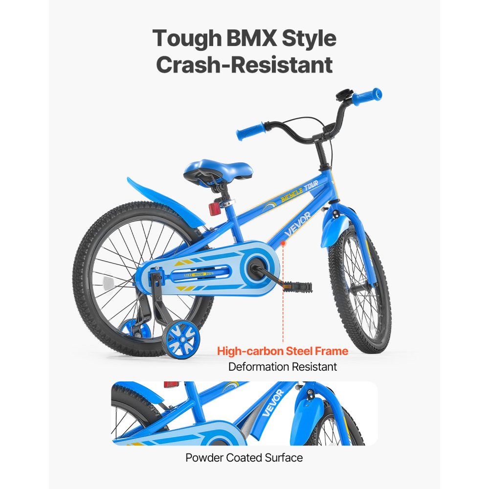 VEVOR kinderfiets, 18-inch BMX-fiets met zijwieltjes, aanbevolen lengte kind 110-140 cm, stevig en eenvoudig te monteren, peuterfiets voor jongens en meisjes om te leren fietsen, blauw