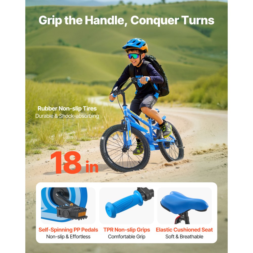 VEVOR kinderfiets, 18-inch BMX-fiets met zijwieltjes, aanbevolen lengte kind 110-140 cm, stevig en eenvoudig te monteren, peuterfiets voor jongens en meisjes om te leren fietsen, blauw
