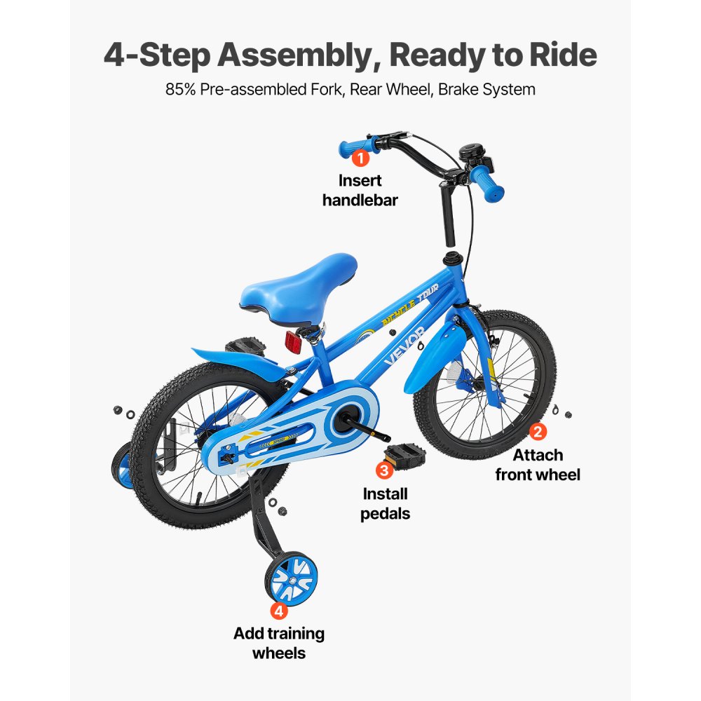 VEVOR kinderfiets, 18-inch BMX-fiets met zijwieltjes, aanbevolen lengte kind 110-140 cm, stevig en eenvoudig te monteren, peuterfiets voor jongens en meisjes om te leren fietsen, blauw