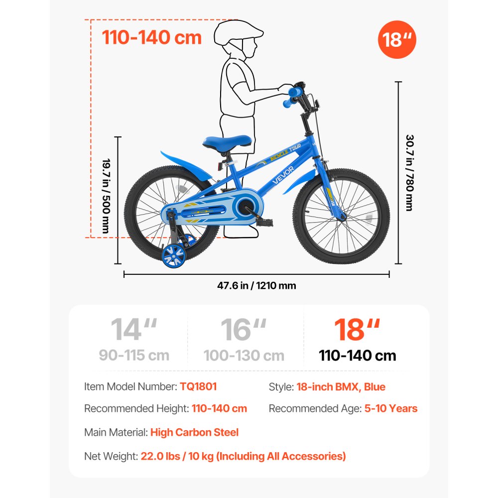 VEVOR kinderfiets, 18-inch BMX-fiets met zijwieltjes, aanbevolen lengte kind 110-140 cm, stevig en eenvoudig te monteren, peuterfiets voor jongens en meisjes om te leren fietsen, blauw