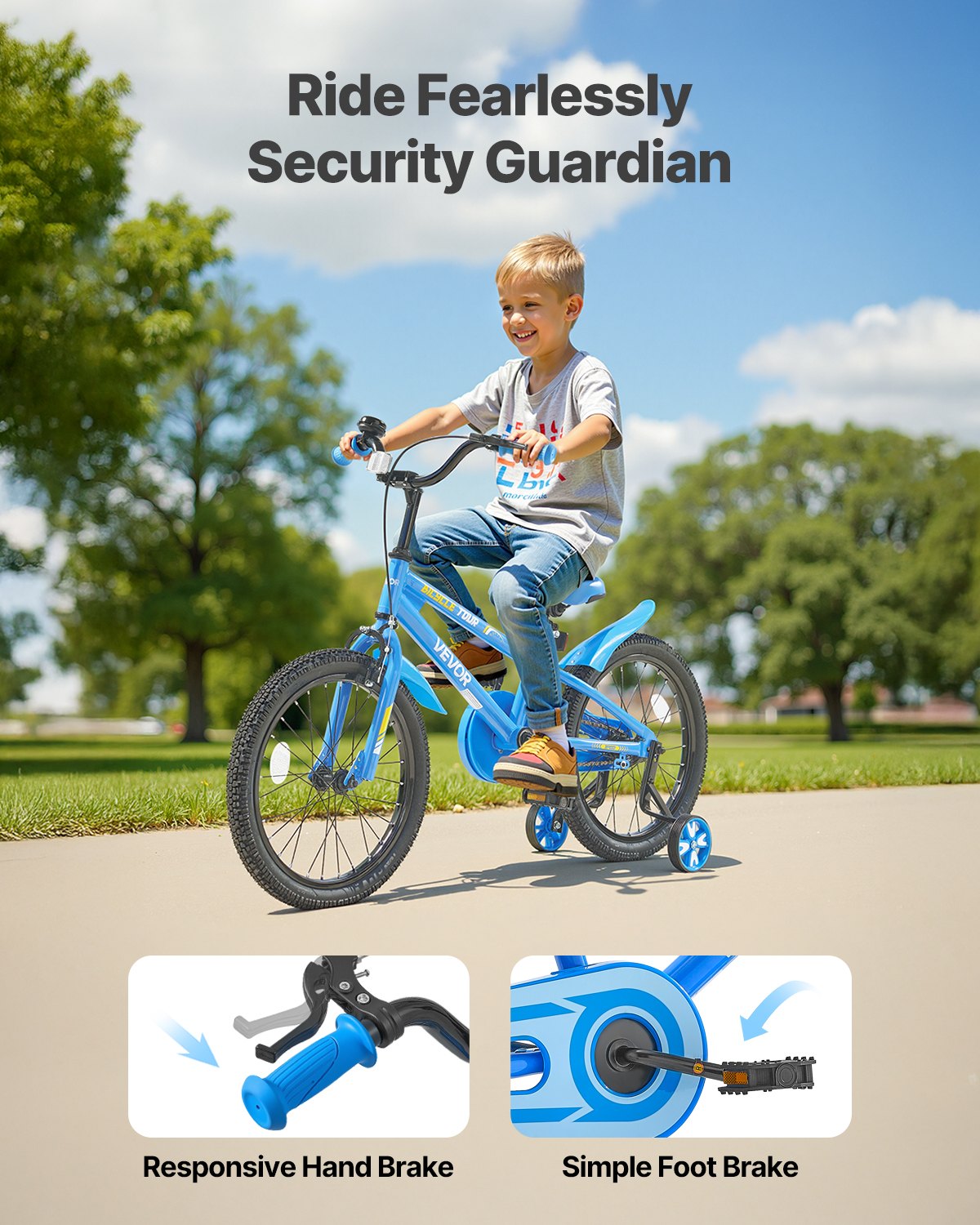 VEVOR kinderfiets, 18-inch BMX-fiets met zijwieltjes, aanbevolen lengte kind 110-140 cm, stevig en eenvoudig te monteren, peuterfiets voor jongens en meisjes om te leren fietsen, blauw