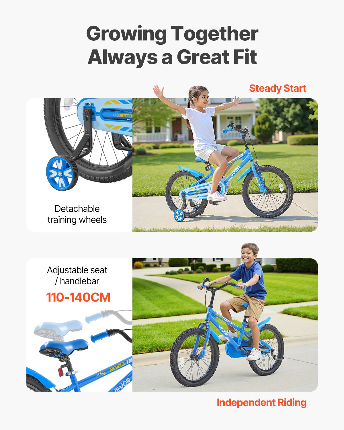 VEVOR kinderfiets, 18-inch BMX-fiets met zijwieltjes, aanbevolen lengte kind 110-140 cm, stevig en eenvoudig te monteren, peuterfiets voor jongens en meisjes om te leren fietsen, blauw